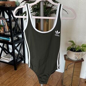 Adidas Olive Green and White Athletic Swimsuit